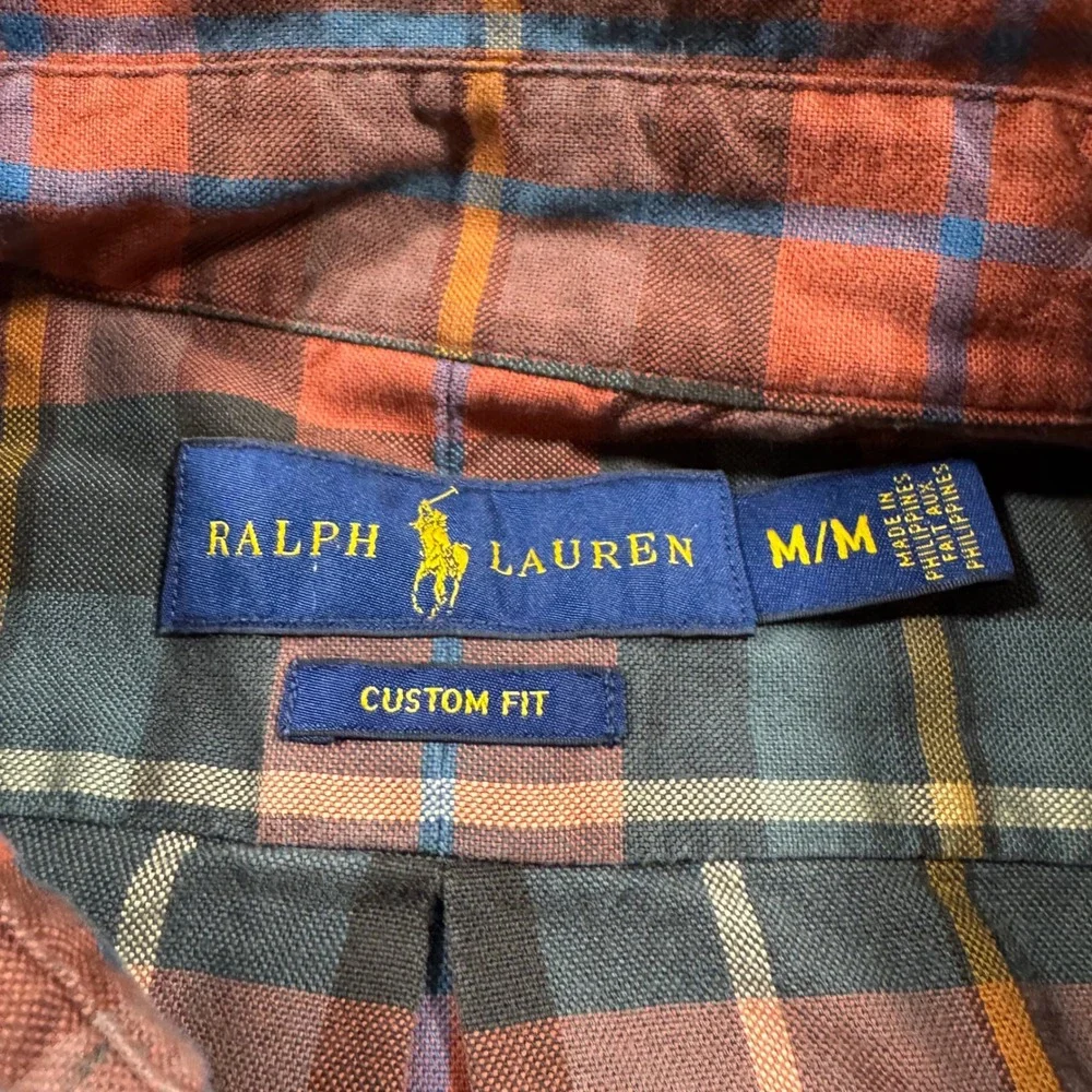 Polo Ralph Lauren Mens Custom Fit Plaid Button Down Shirt Orange Green Medium